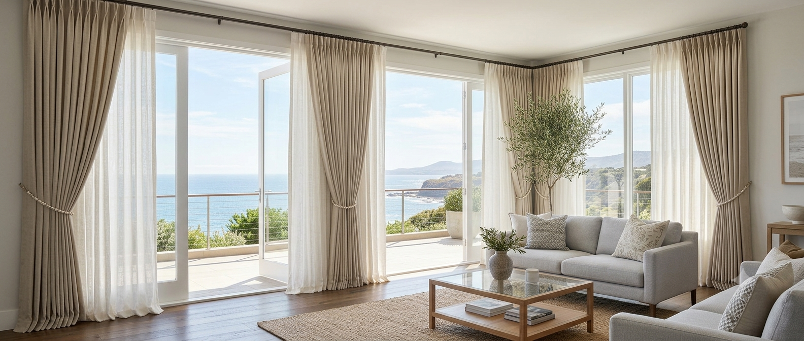 Elegant high-ceiling living room with flowing floor-to-ceiling curtains