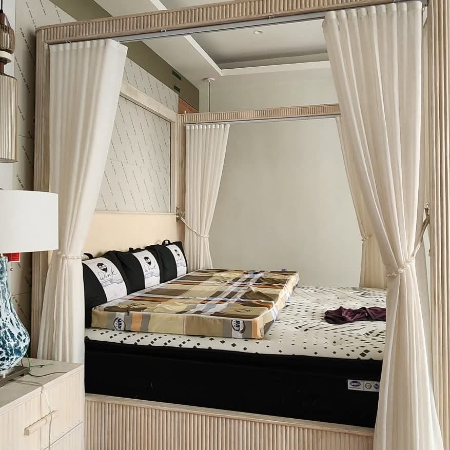 Custom white sheer canopy curtains for bedroom bed frame, modern private enclosure
