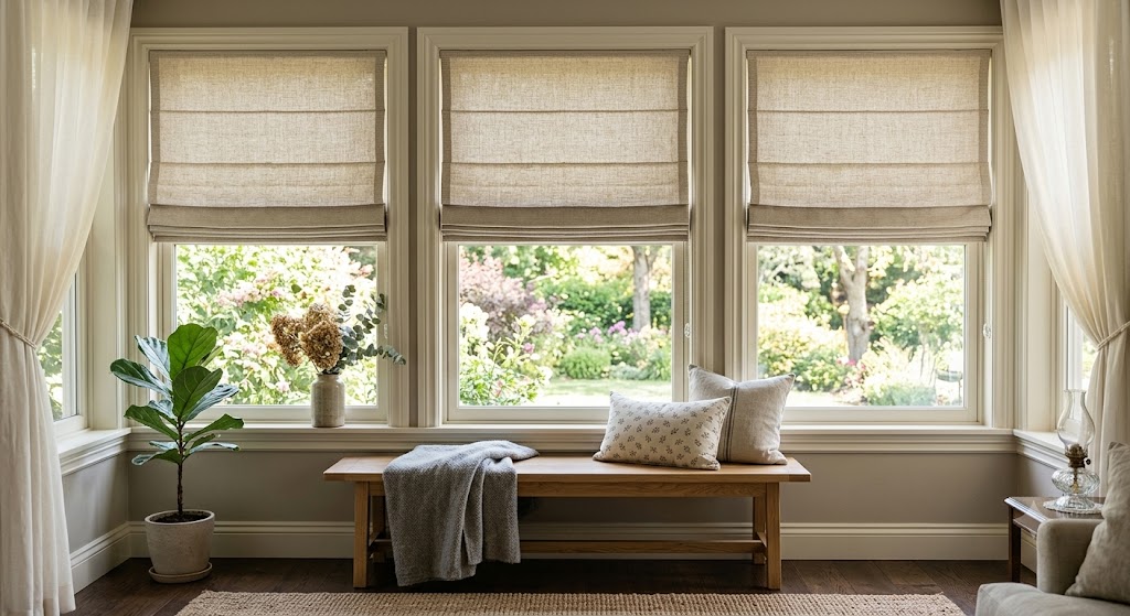 Roman shades in a bright minimalist kitchen